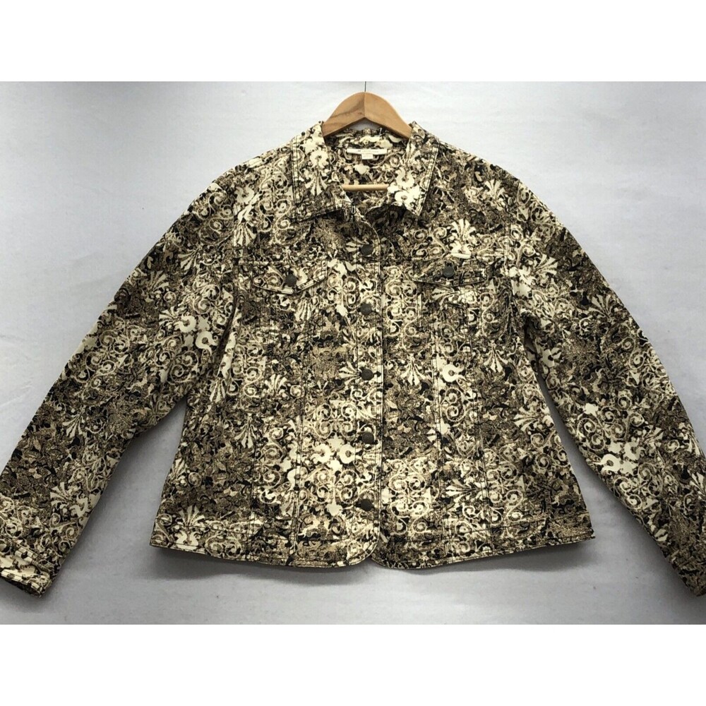 JM Collection Womens Jacket Size 16 Brown Scroll Button Down Pockets Waist